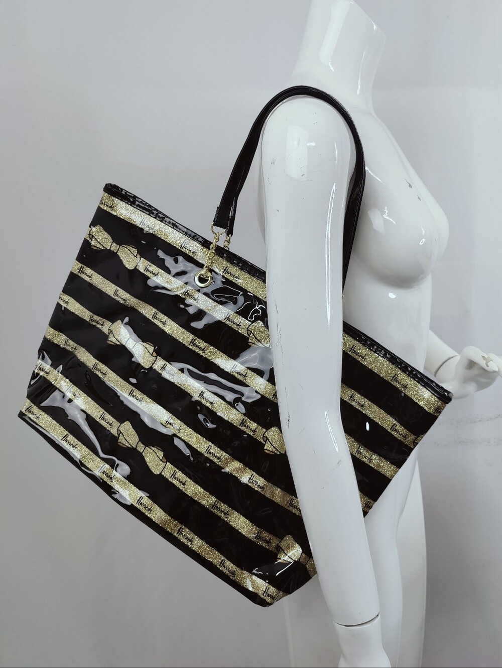 Harrods Black Gold Glitter Striped Bow Print PVC Tote Shoulder Bag, OS